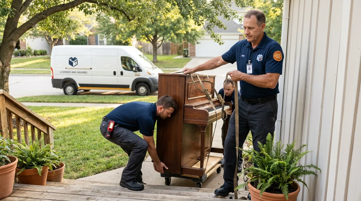 Licensed piano movers securing grand piano in Waterboro, ME