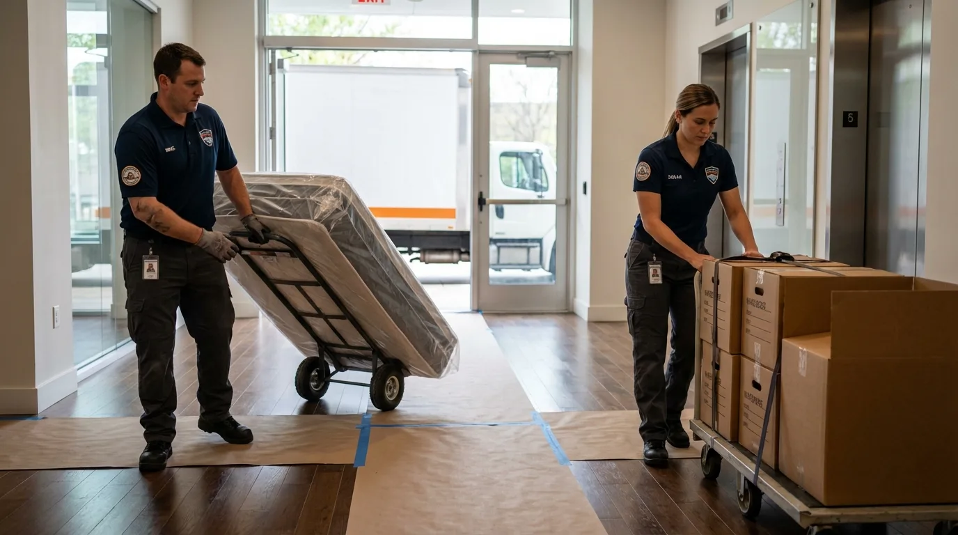 Professional apartment movers loading elevator in Waterboro, ME