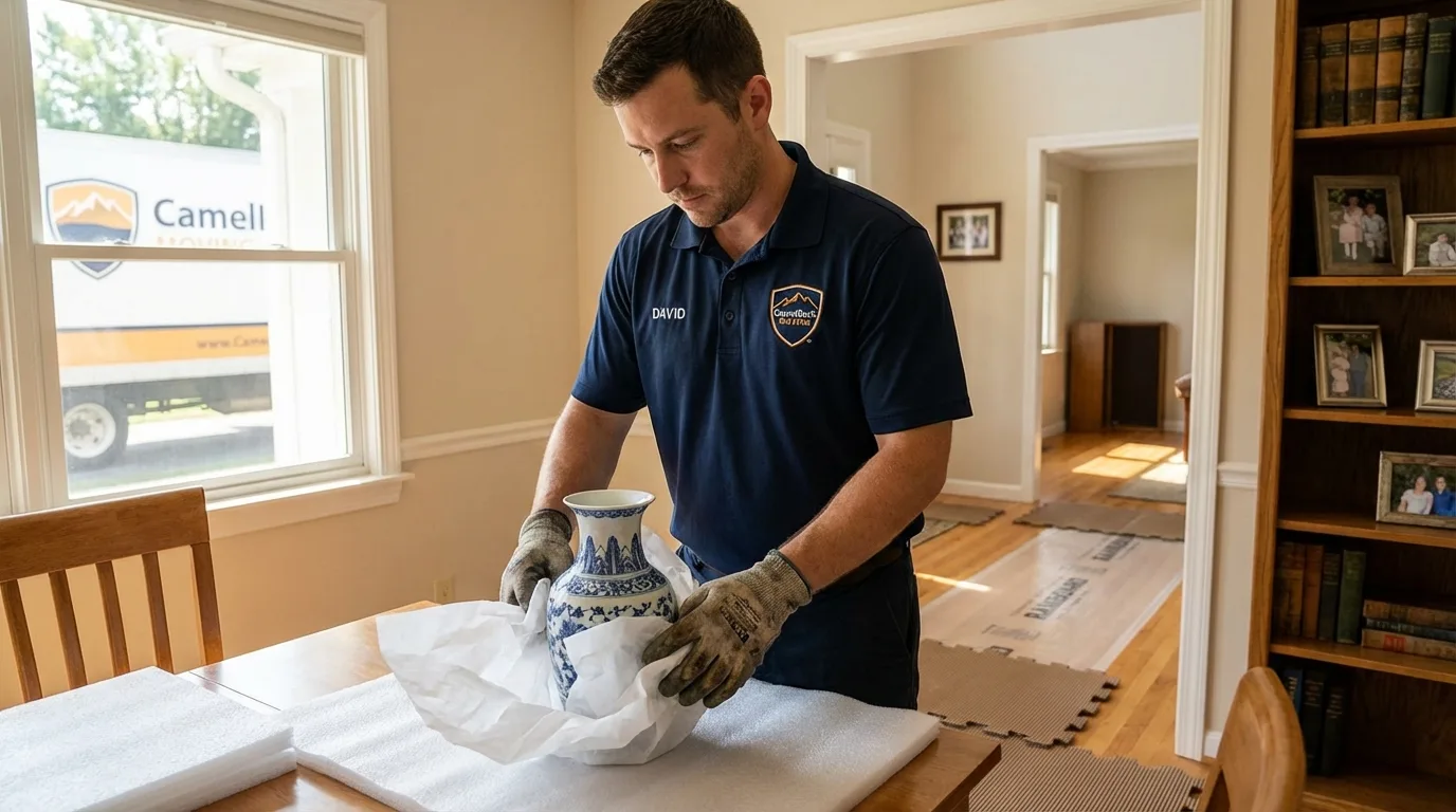 Professional crew carefully wrapping antique vase for senior downsizing move in Waterboro, ME