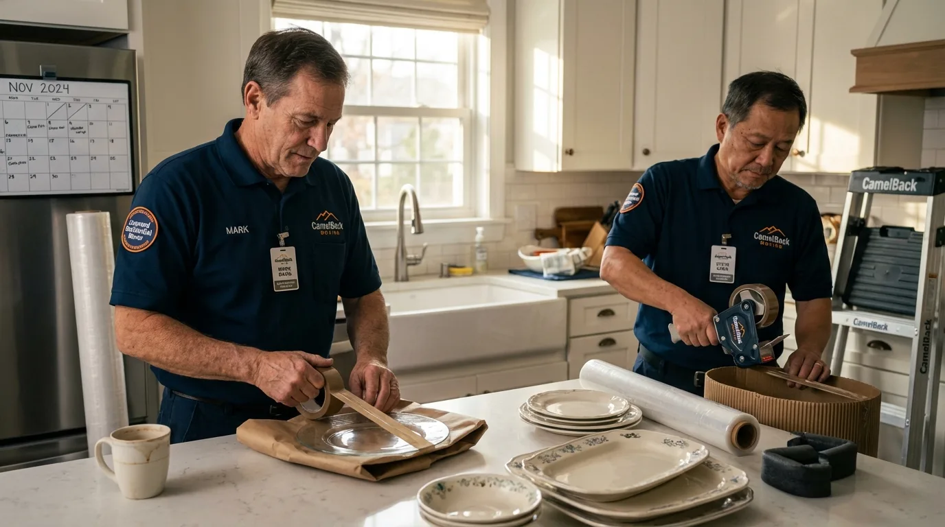 Professional crew packing kitchen dishware in Waterboro, ME